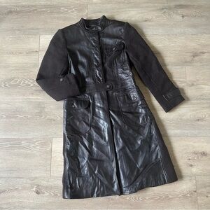 DKNY Italian Lamb Leather 100% Wool Midi Coat Brown Sz 6